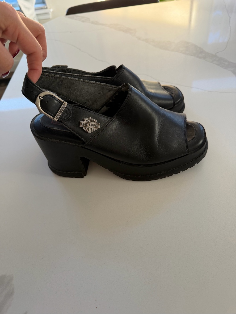 vintage Harley-Davidson black leather peep-toe slingback platform clogs size 7